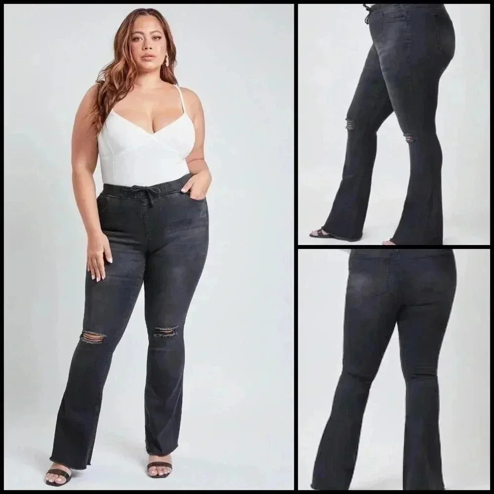 YMI Frayed Hem Pull On Flare Jeans I Wash Black Size 3X